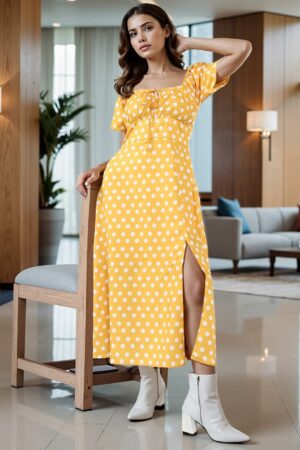 Vintage Puff Sleeves Slit Polka-Dot Maxi Dress