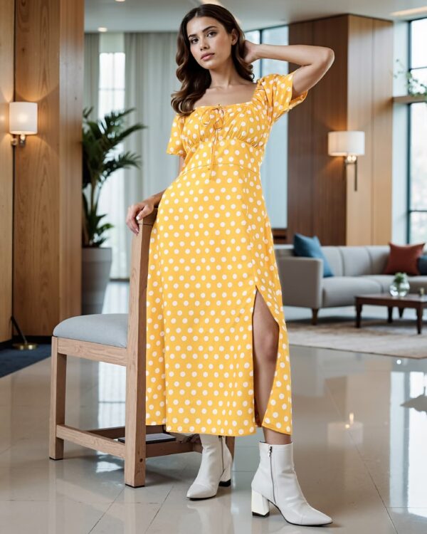 Vintage Puff Sleeves Slit Polka-Dot Maxi Dress