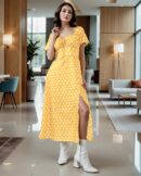 Vintage Puff Sleeves Slit Polka-Dot Maxi Dress