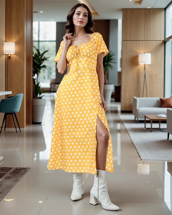 Vintage Puff Sleeves Slit Polka-Dot Maxi Dress - Image 2