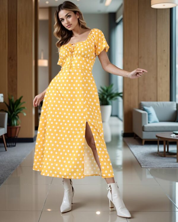 Vintage Puff Sleeves Slit Polka-Dot Maxi Dress - Image 4
