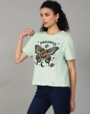Short Drop-Shoulder Sleeves Chest Graphic Print Crew Tshirt