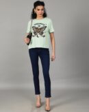 Short Drop-Shoulder Sleeves Chest Graphic Print Crew Tshirt