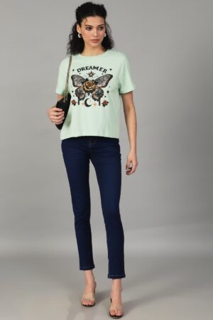 Short Drop-Shoulder Sleeves Chest Graphic Print Crew Tshirt