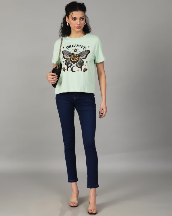 Short Drop-Shoulder Sleeves Chest Graphic Print Crew Tshirt