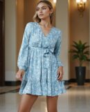Full Peasant Sleeve Floral Print Mock Wrap A-line Dress