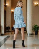 Full Peasant Sleeve Floral Print Mock Wrap A-line Dress