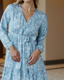 Full Peasant Sleeve Floral Print Mock Wrap A-line Dress