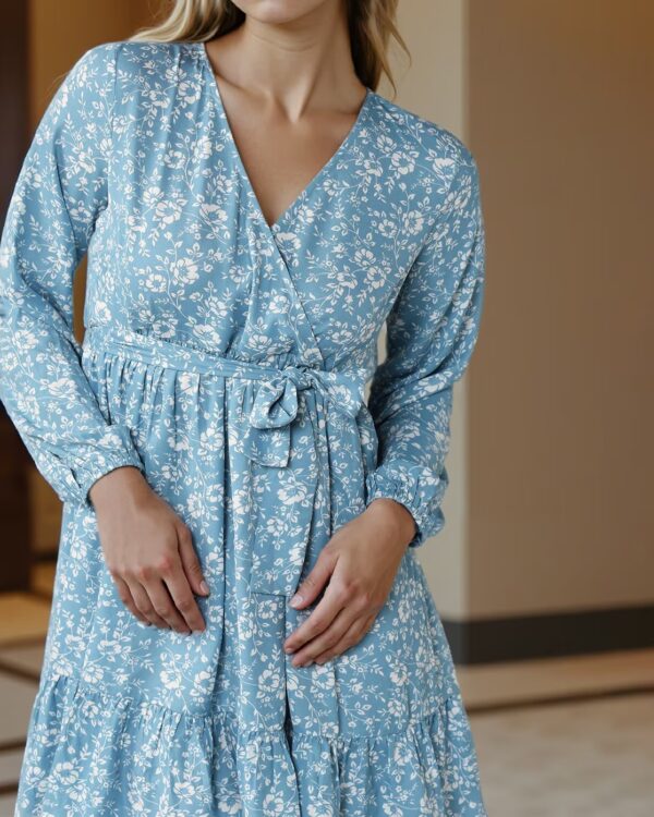 Full Peasant Sleeve Floral Print Mock Wrap A-line Dress - Image 5