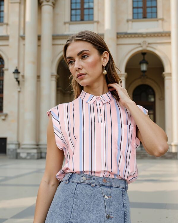 Short Sleeve Peach Striped Relaxed Fit Shirt Style Top - Image 3