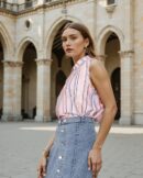 Short Sleeve Peach Striped Relaxed Fit Shirt Style Top