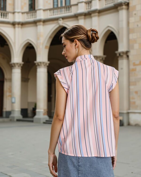 Short Sleeve Peach Striped Relaxed Fit Shirt Style Top - Image 5