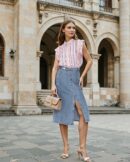 Short Sleeve Peach Striped Relaxed Fit Shirt Style Top