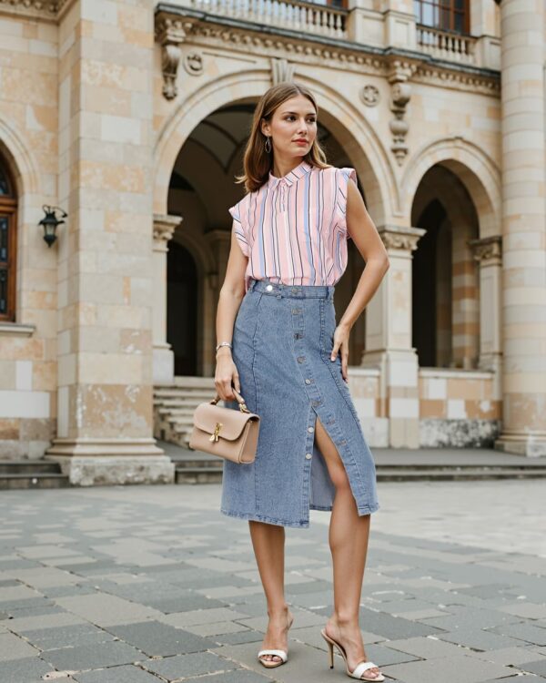 Short Sleeve Peach Striped Relaxed Fit Shirt Style Top