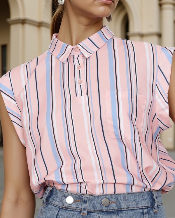 Short Sleeve Peach Striped Relaxed Fit Shirt Style Top - Image 4