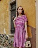Extended Sleeves Aztec Print A-line Dress With Waist Tie-up