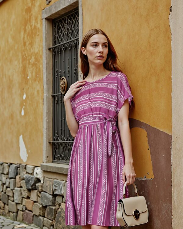 Extended Sleeves Aztec Print A-line Dress With Waist Tie-up - Image 3