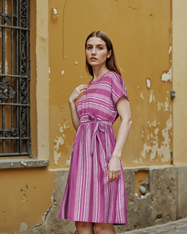 Extended Sleeves Aztec Print A-line Dress With Waist Tie-up - Image 2
