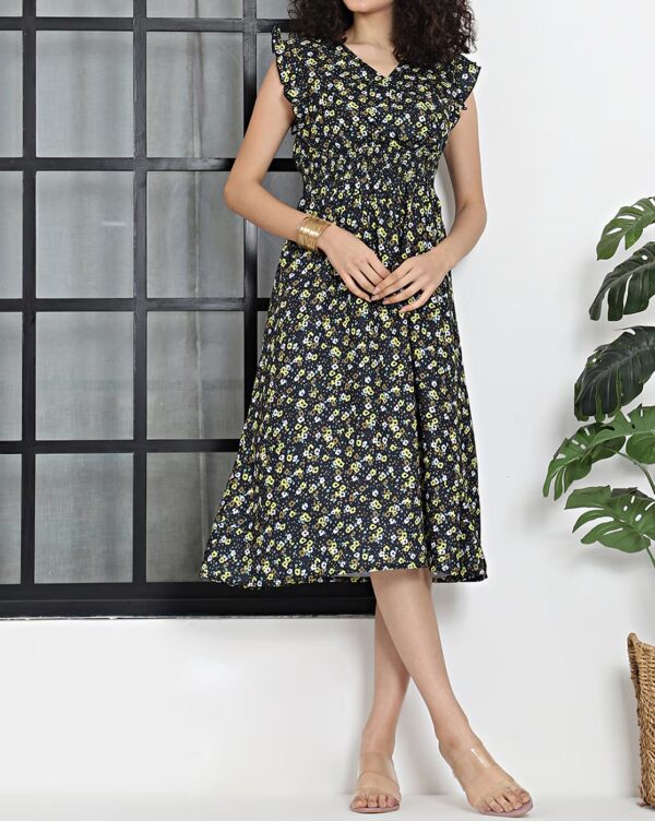 Elegant Midi Length Ruffle Sleeves A-Line Dress - Image 3