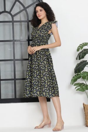 Elegant Midi Length Ruffle Sleeves A-Line Dress