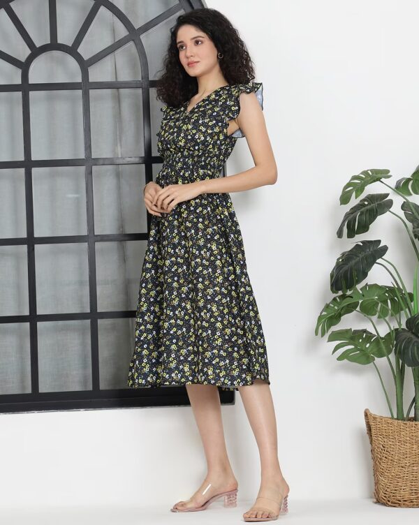 Elegant Midi Length Ruffle Sleeves A-Line Dress