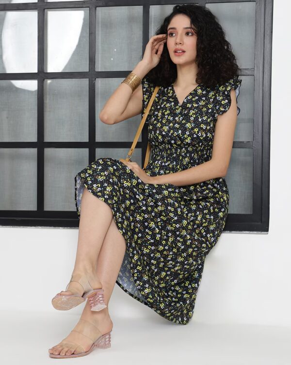 Elegant Midi Length Ruffle Sleeves A-Line Dress - Image 2