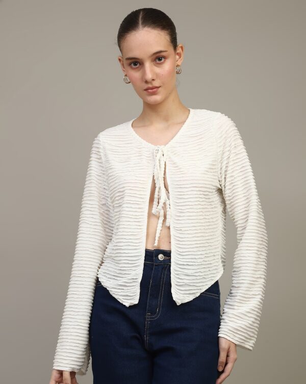 Tie-Up Neck Open Front Full Sleeve Blouse Top - Image 2