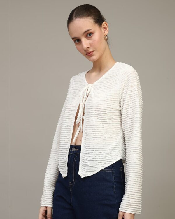Tie-Up Neck Open Front Full Sleeve Blouse Top - Image 3