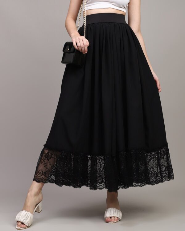 High Waist Lace Hem Maxi Pleated Skirt - Image 3