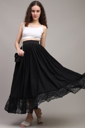 High Waist Lace Hem Maxi Pleated Skirt