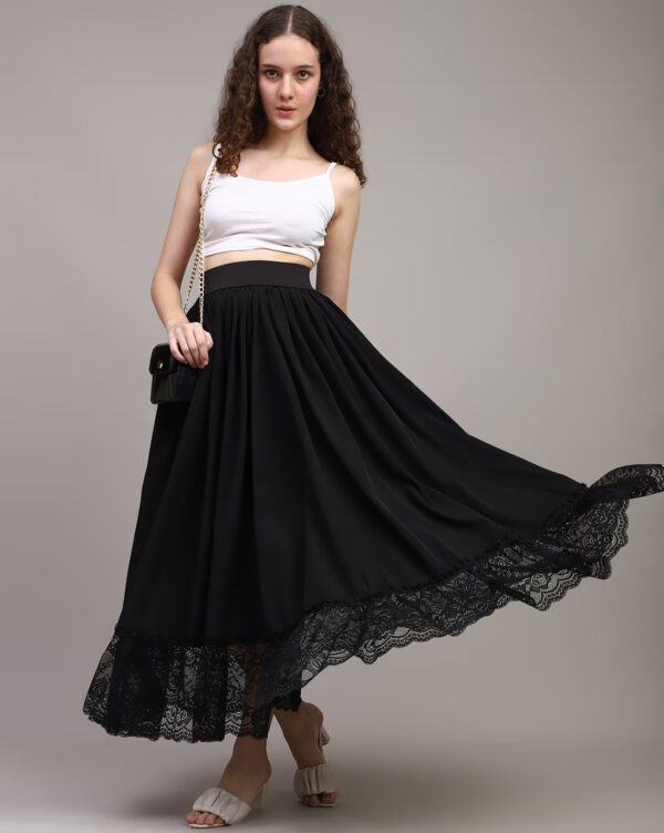High Waist Lace Hem Maxi Pleated Skirt