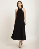 Pleated Halter Neck Lace Detail A-Line Dress