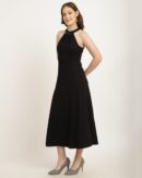 Pleated Halter Neck Lace Detail A-Line Dress