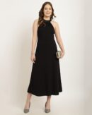 Pleated Halter Neck Lace Detail A-Line Dress