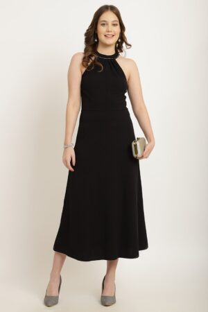 Pleated Halter Neck Lace Detail A-Line Dress