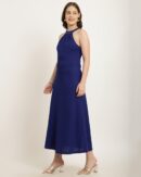 Pleated Halter Neck Lace Detail A-Line Dress