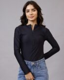 Mock Neck Zip Front Full Sleeves Leotard Top