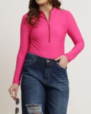 Mock Neck Zip Front Full Sleeves Leotard Top