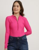 Mock Neck Zip Front Full Sleeves Leotard Top