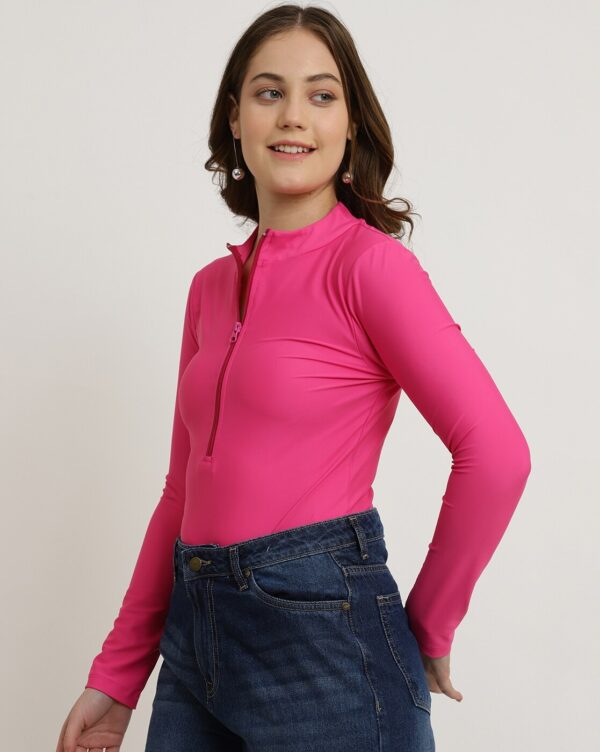 Mock Neck Zip Front Full Sleeves Leotard Top - Image 3