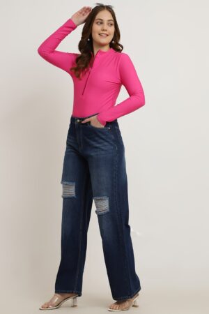 Mock Neck Zip Front Full Sleeves Leotard Top