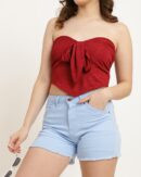 Strapless Ruched Tie-Up Detail Textured Crop Top