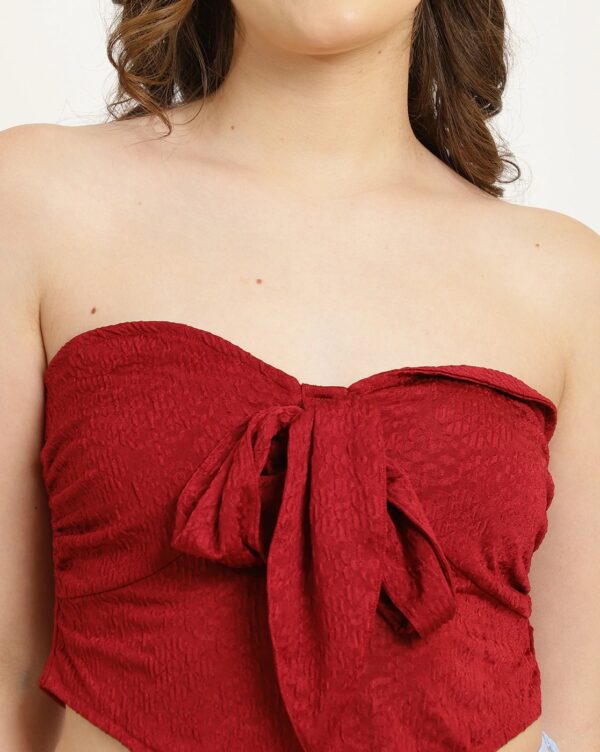 Strapless Ruched Tie-Up Detail Textured Crop Top - Image 5