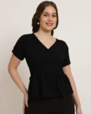 Extended Sleeve Ruched Waist Smocked Peplum Top