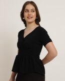 Extended Sleeve Ruched Waist Smocked Peplum Top
