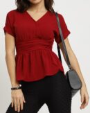 Extended Sleeve Ruched Waist Smocked Peplum Top