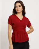Extended Sleeve Ruched Waist Smocked Peplum Top