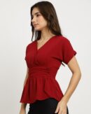 Extended Sleeve Ruched Waist Smocked Peplum Top