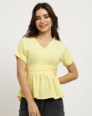 Extended Sleeve Ruched Waist Smocked Peplum Top