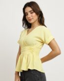 Extended Sleeve Ruched Waist Smocked Peplum Top